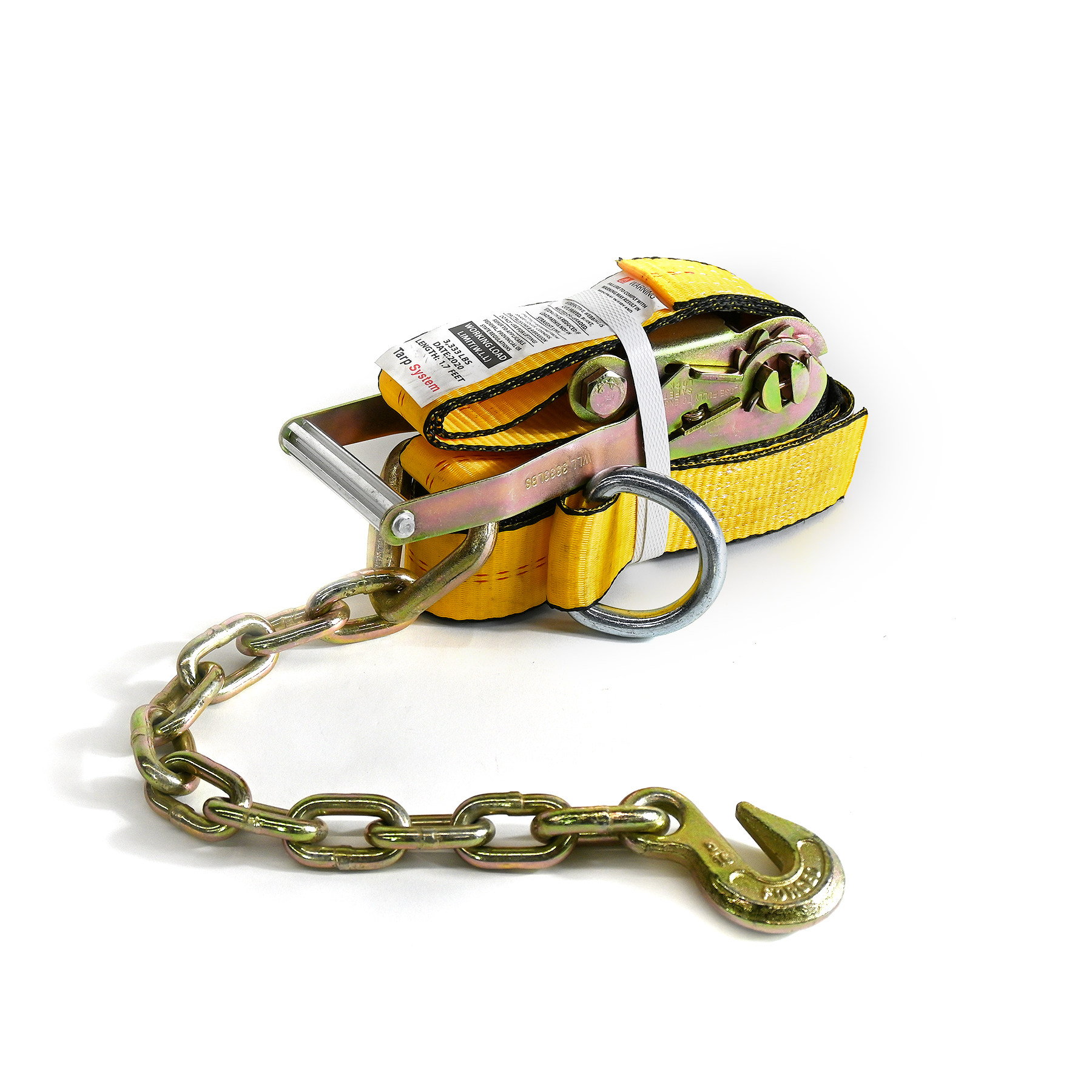 2" x 10' Wheel Ratchet Strap w Chain Anchor and D Ring Strap with Sleeve