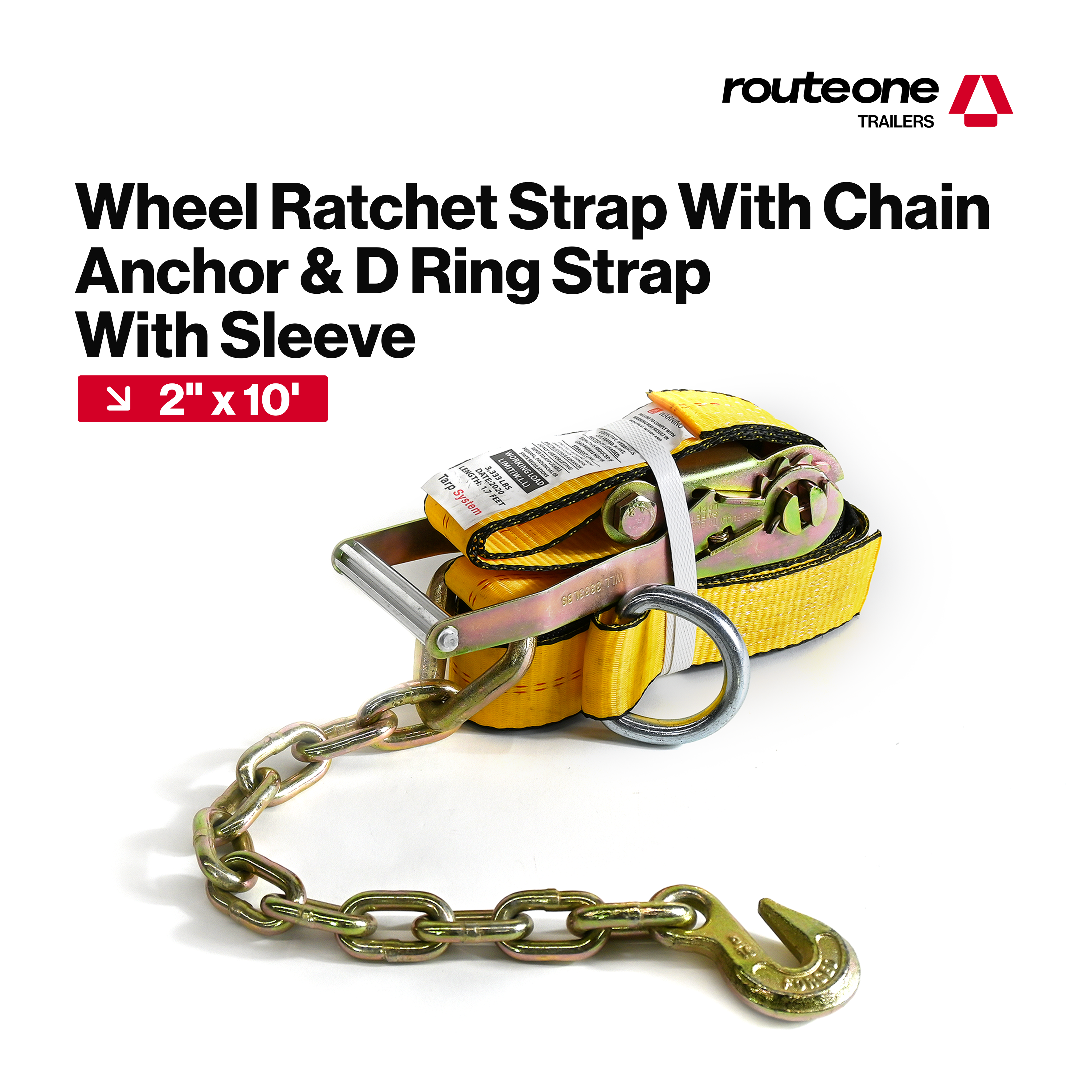 2" x 10' Wheel Ratchet Strap w Chain Anchor and D Ring Strap with Sleeve Route One Trailers