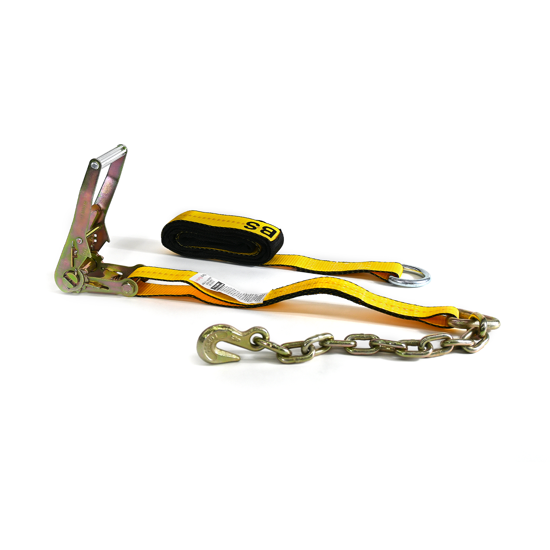 2" x 10' Wheel Ratchet Strap w Chain Anchor and D Ring Strap with Sleeve