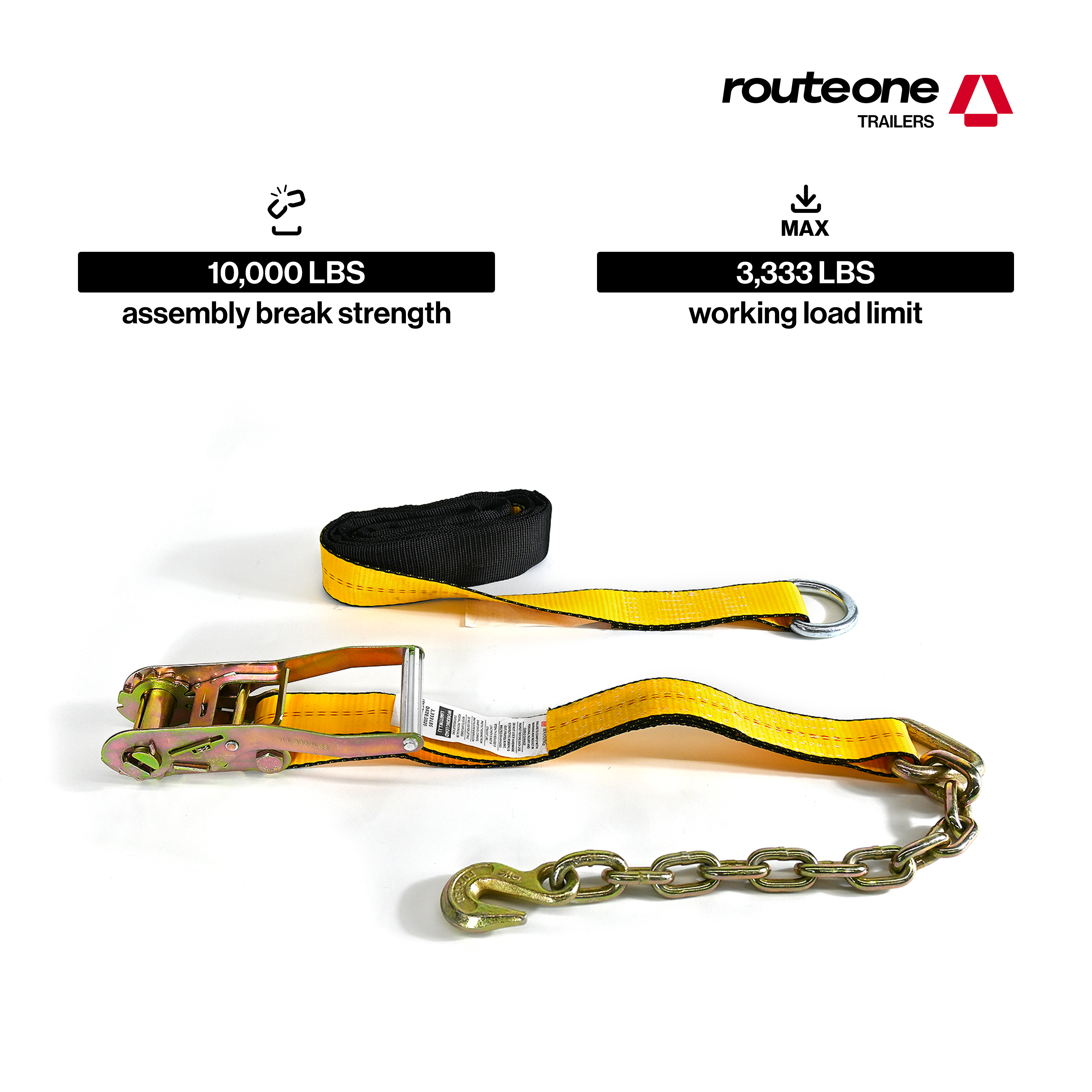 2" x 10' Wheel Ratchet Strap w Chain Anchor and D Ring Strap with Sleeve Route One Trailers