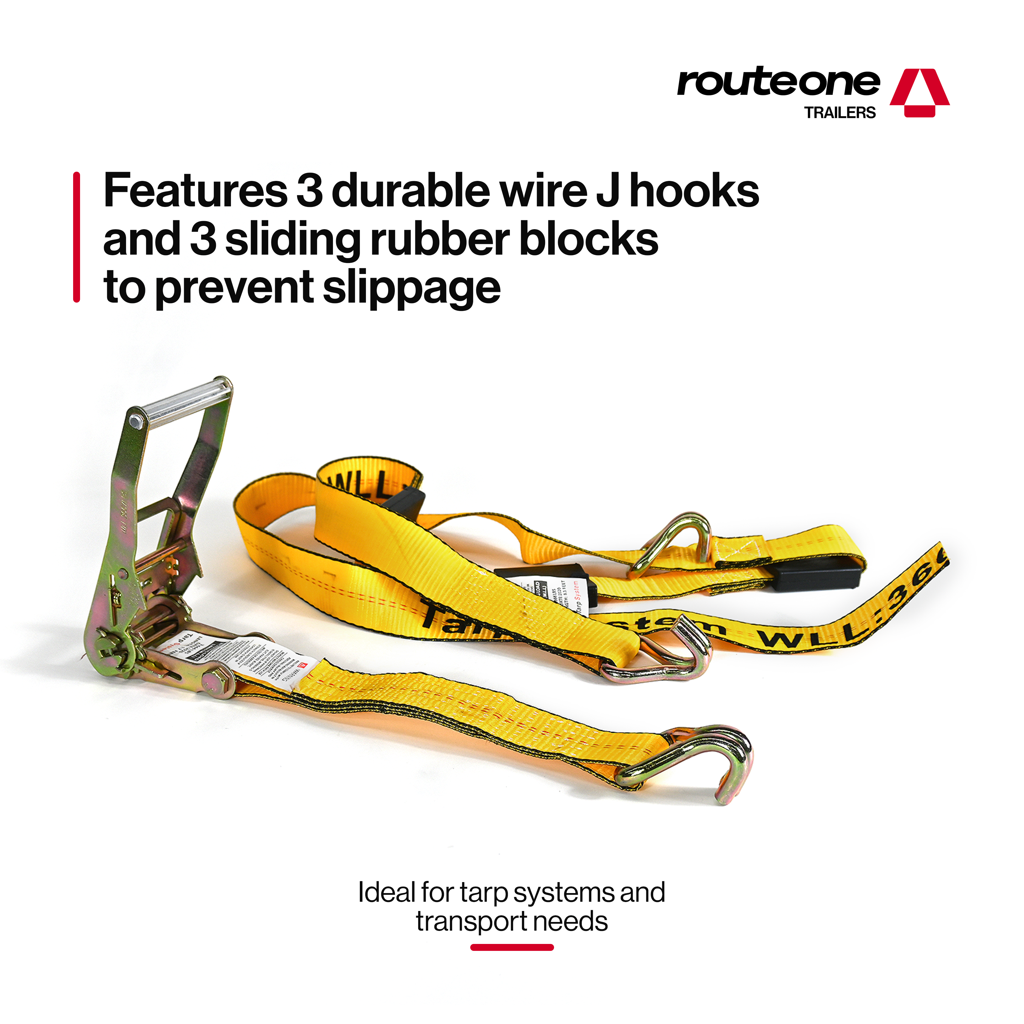 2" x 10' Ratchet Strap w 3 Wire J Hooks and 3 Rubber Blocks Tarp System Route One Trailers