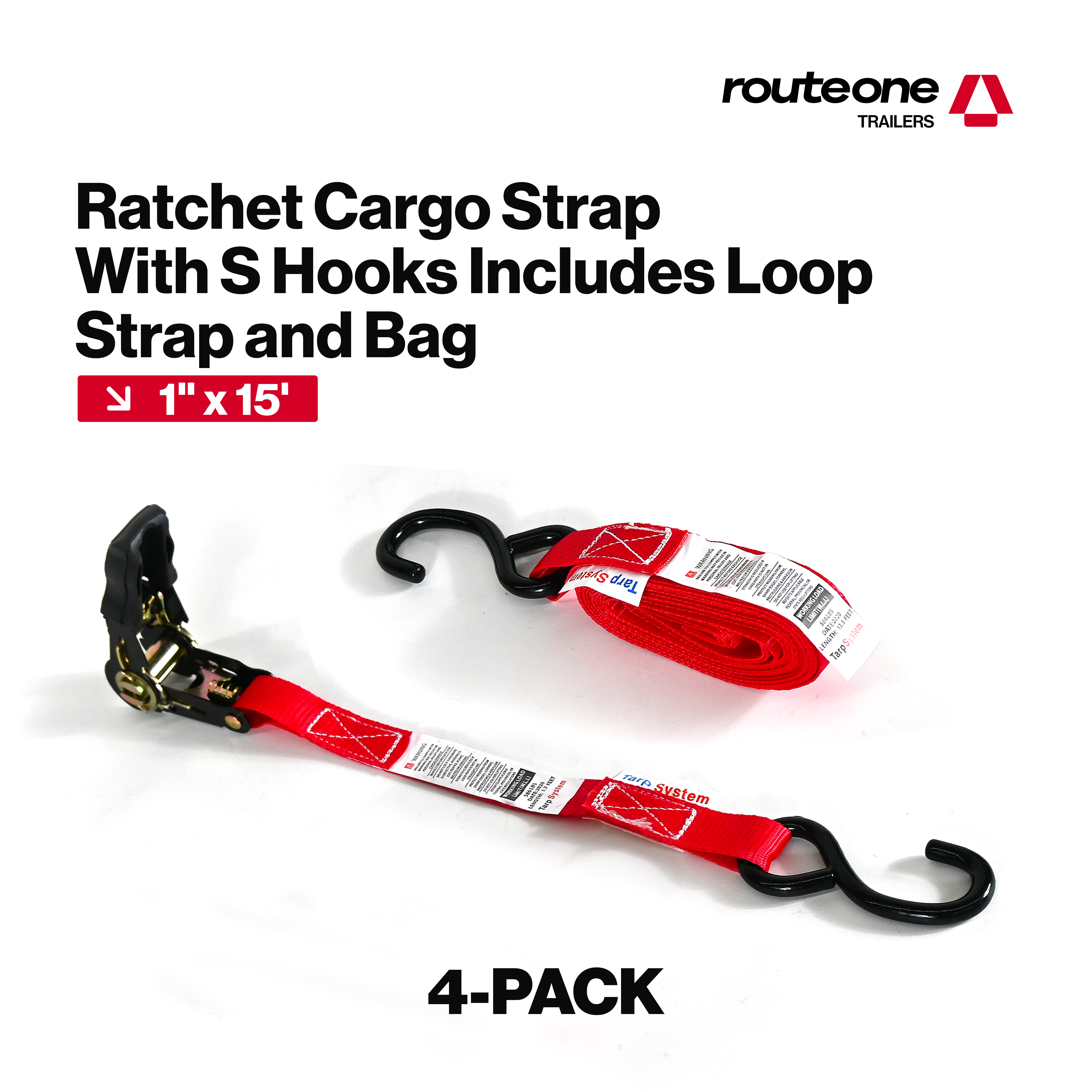 1" x 15' Ratchet Cargo Strap w S Hooks includes loop strap and bag (4 pcs)