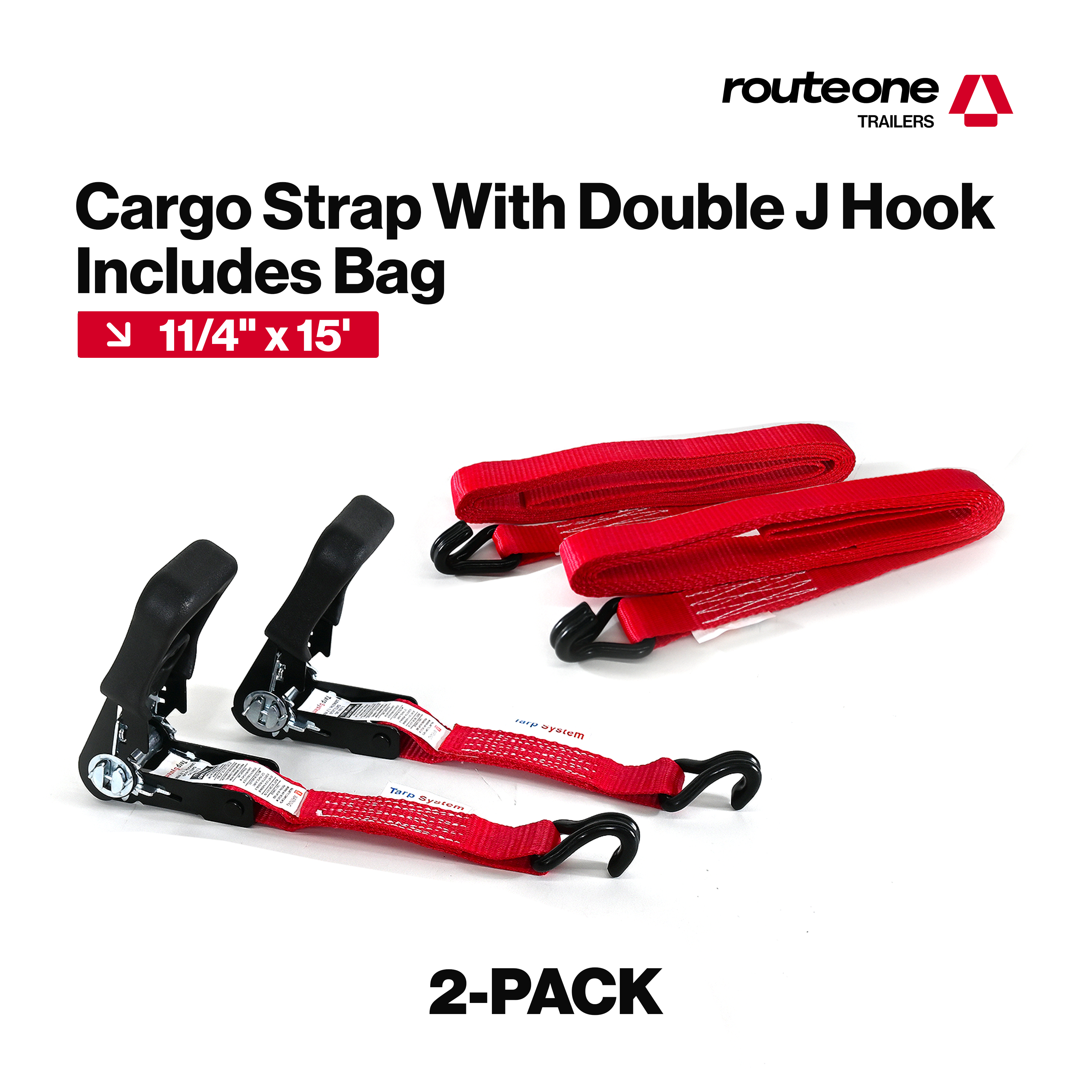 1 1/4" x 15' Cargo Strap w Double J Hook (2 pcs) includes Bag