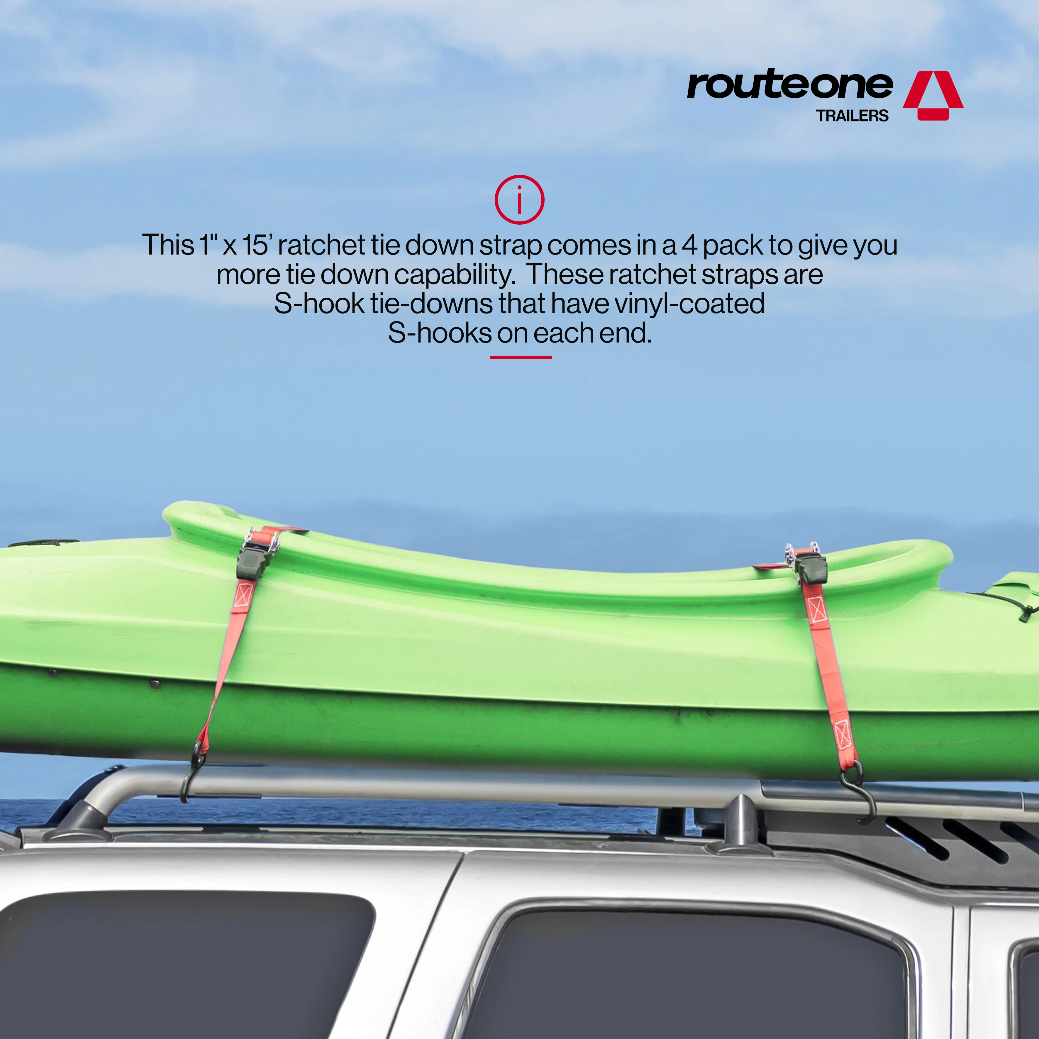 1" x 15' Ratchet Cargo Strap w S Hooks includes loop strap and bag (4 pcs)